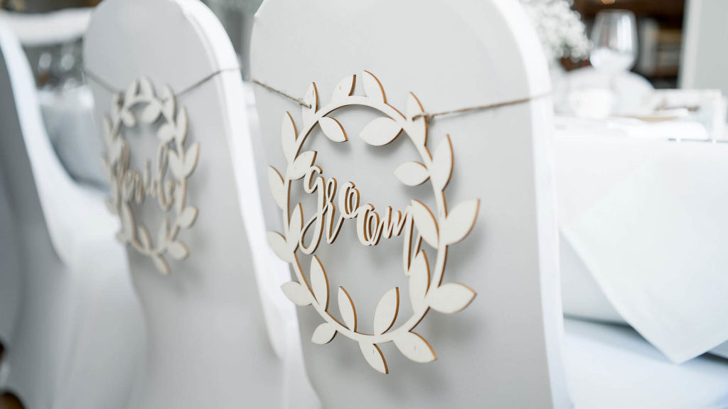 Elegant wedding chairs at The Clarendon with custom 