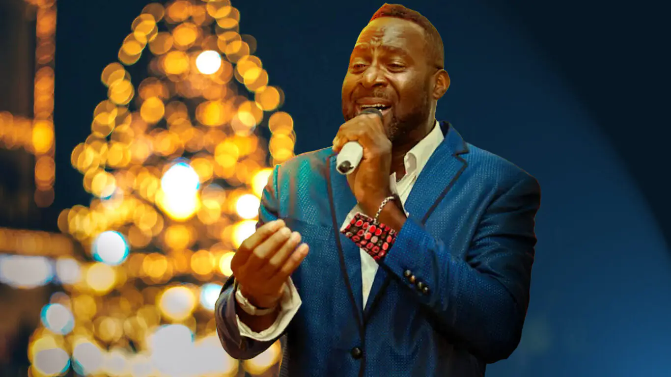Singer performing in elegant hotel lounge with sparkling lights, creating a festive and inviting atmosphere.