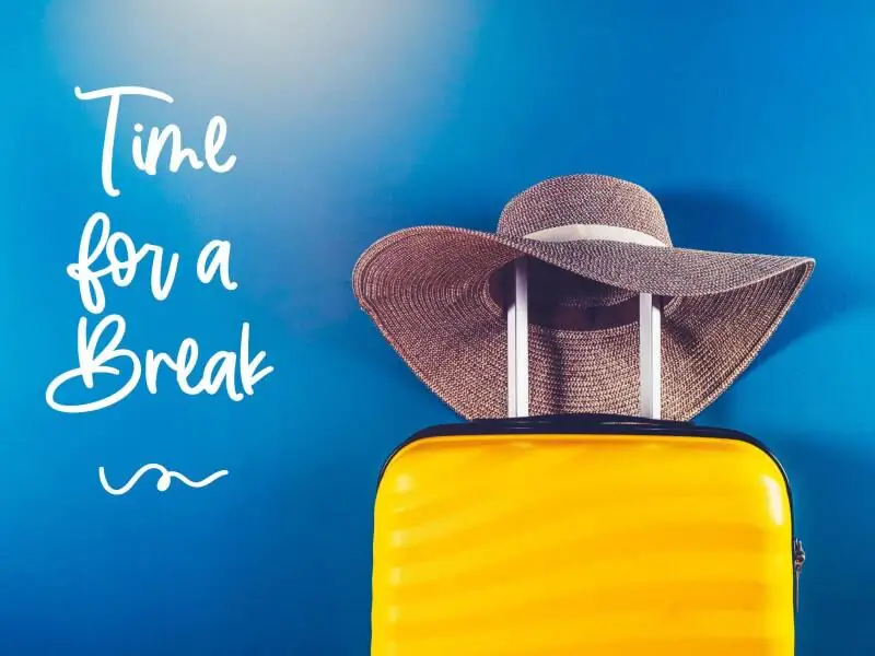 Bright yellow suitcase and straw hat against blue wall. Text reads 