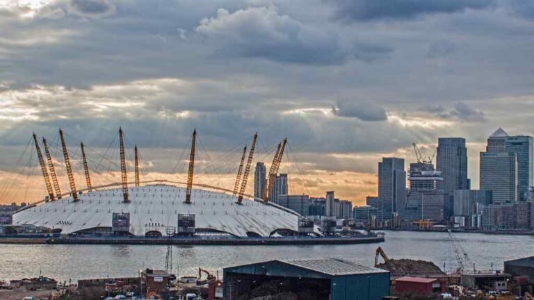 View of the iconic O2 Arena and Canary Wharf skyline at sunset from The Clarendon Hotel, offering a vibrant London experience.