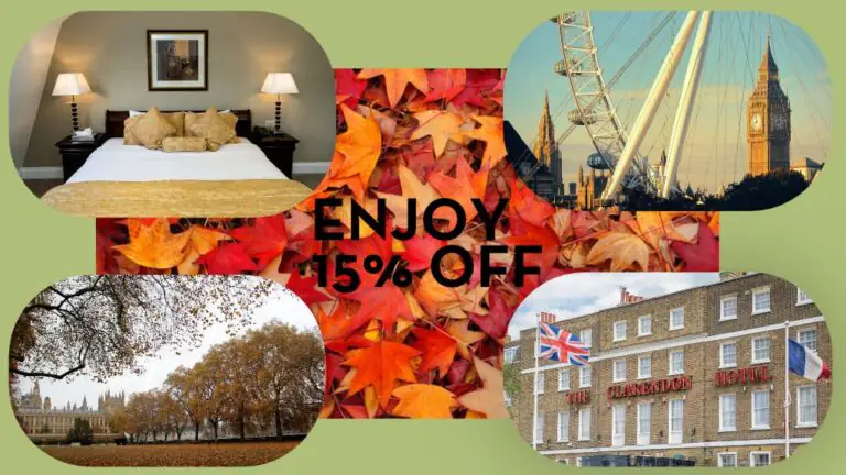 Cosy room at The Clarendon, London views, iconic landmarks, autumn leaves. Enjoy 15% off. Book your perfect getaway now!